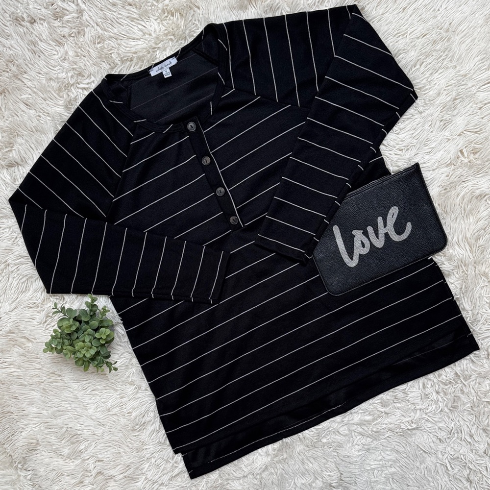 White Birch Long Sleeve Stripe Henley Top 💗 Black & White
